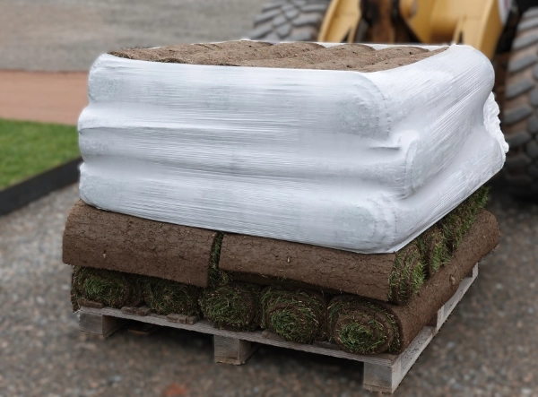 Mehrere Rollen frischer, grüner Rollrasen aufgestapelt auf einer Europalette, bereit für die Verlegung.